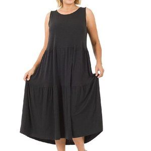 Zenana Plus Size Midi Dress Womens Casual Sleeveless Tiered Black 2X